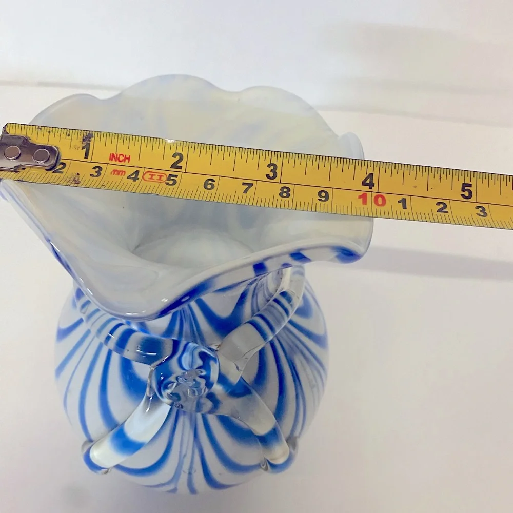 Vintage Murano Style Art Glass Vase Blue & White Swirl Rim Vase Ruffled Edge - Picture 9 of 9
